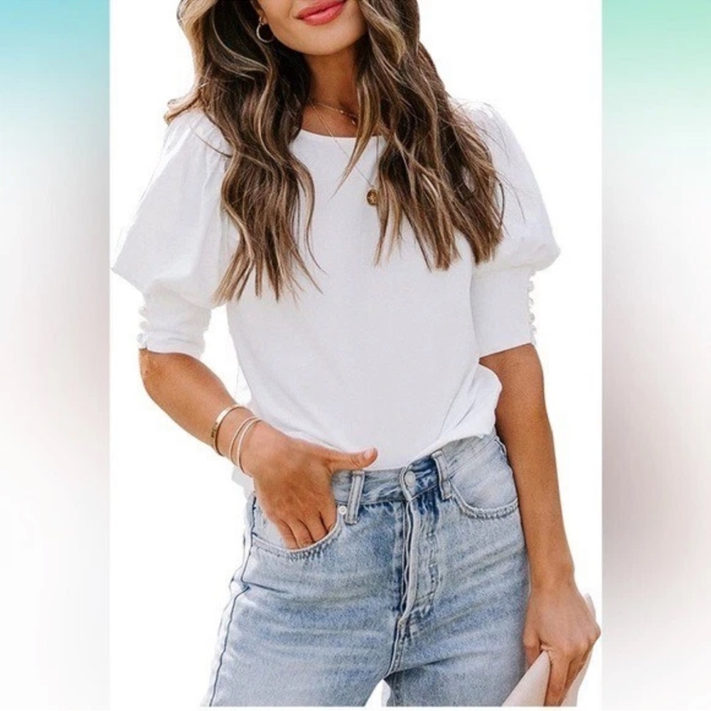 Dorose Cotton Stretch Puff Sleeve Button Cuffs White Casual top Women’s Medium